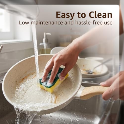 Image of Amazon Basics Ceramic Non Stick Cookware Set 3 Pieces | 28cm Dosa Tawa, 24cm Fry Pan, 24cm Kadai with Glass Lid (2.3L) | Gas & Induction Compatible | Wooden Finish Bakelite Handle | Ivory
