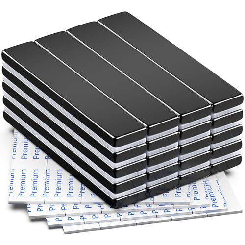 Image of FINDMAG 20 Pack Super Strong Neodymium Magnets Bar with Double-Sided Adhesive, Rare Earth Magnets - 60 x 10 x 3mm - Black | Neodymium adhesive magnets with a clean coated finish; for cabinets, garage storage, dark displays and workshop fixtures