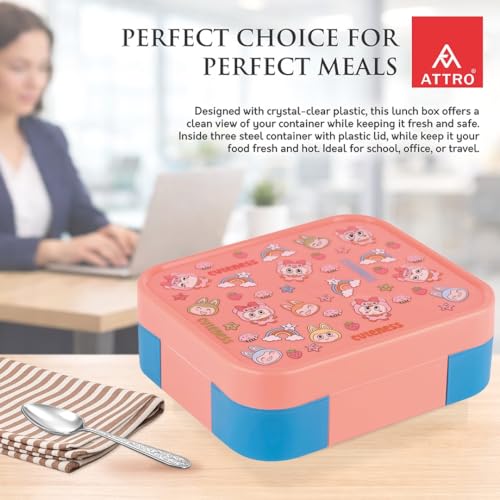 Image of ATTRO Admire Deluxe 3 Compartment Stainless Steel Lunch Box, BPA-Free Inner Steel, Airtight & Leakproof, Lightweight Easy Carry Tiffin for Kids School Travel, Cute Monster Print- Peach-800ml