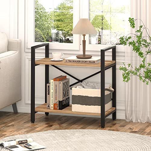 Bon Augure Small Bookshelf For Small Space, Industrial 2 Tier Wood Metal Bookcase, Rustic Short Book Shelf For Living Room, Bedroom And Office (Vintage Oak) #TOP6