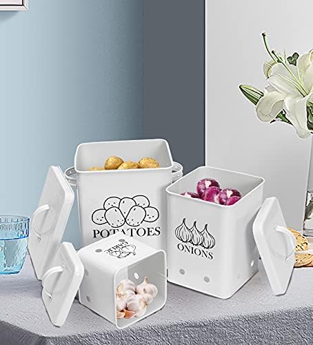 Potato Onion Kitchen Storage Canisters Jars Pots Containers 3 Pack Set - Potatoe, Garlic Bin Caddy, Long Shelf Life with Aerating Tin Storage Holes