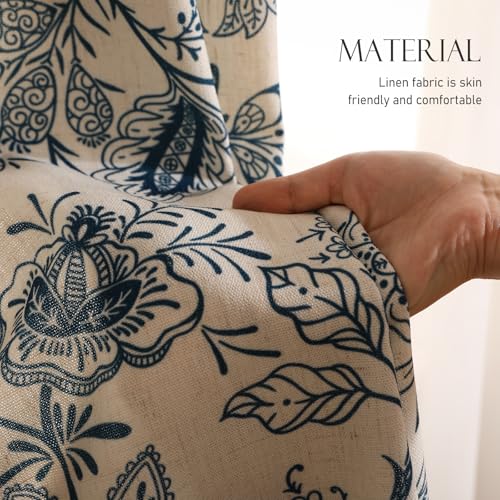 Image of ISAENNE Designer Elegant Linen Printed Curtains,2 Panels,94 inchx65 inch-Ruyi B | Vintage French Cottage Curtain with Grommets 63 inch long,Blue Floral Pattern Draps,kitchen Bedroom Living Room Window