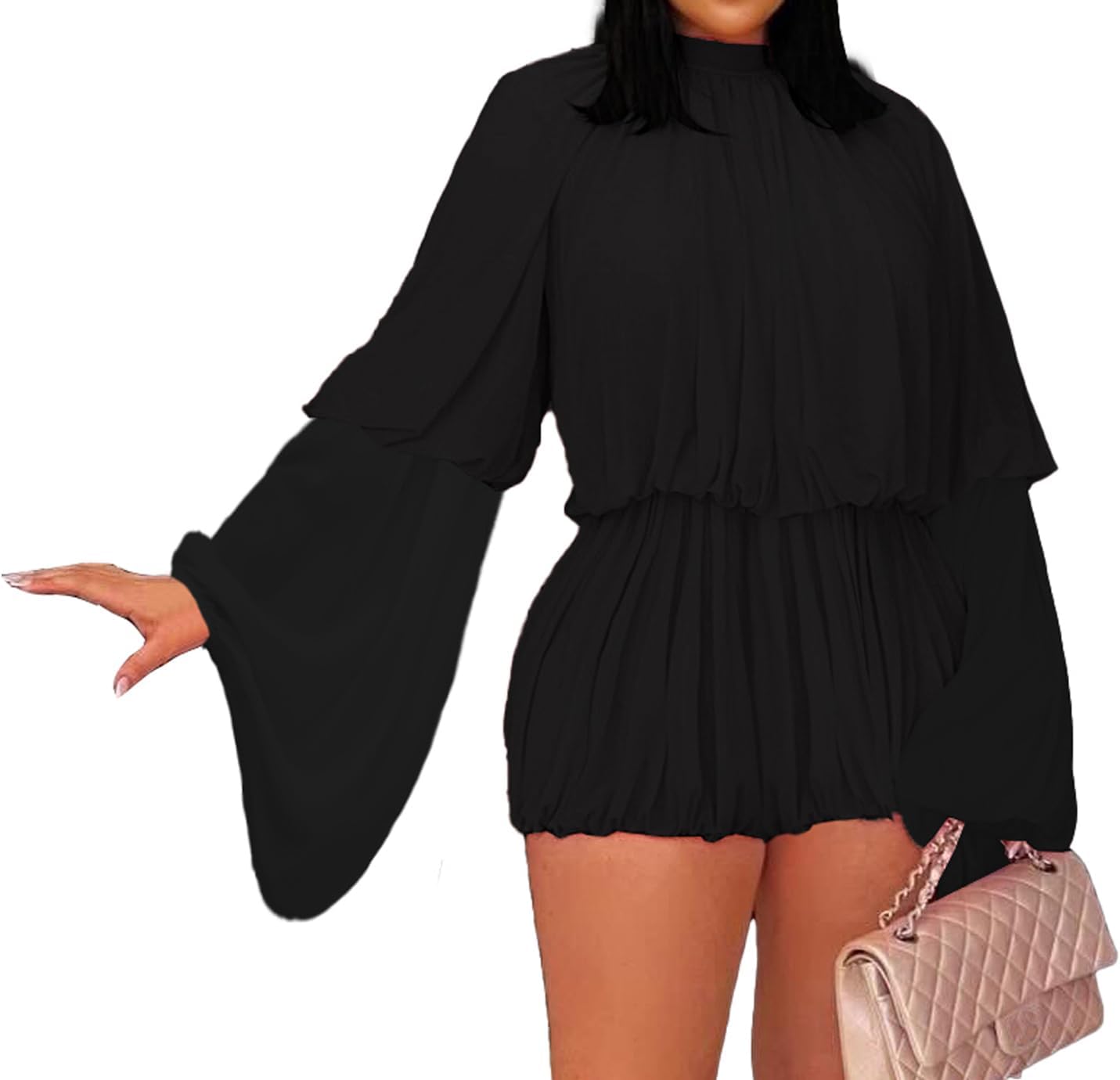 Womens Two Piece Outfits Sexy Going Out Long Flared Sleeve Crop Top Pleated Mini Skort Skirt Sets Chiffon Mini Dress