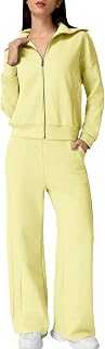 QINSEN Women's Cotton 2 Piece Outfits Lapel Long Sleeve Zip Up Sweatshirt Wide Leg Pants Matching Tracksuit Sets