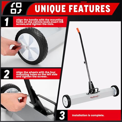 36 Inch Rolling Magnetic Sweeper with Wheels 55Lbs Nail Magnetic Sweeper Heavy-Duty Magnet Pickup Sweeper with Long Adjustable Handle for Garage and Yard - Thumbnail 4