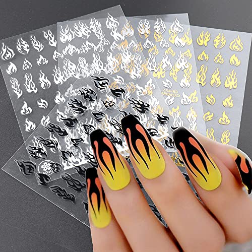 Flame Nail Art Stickers 3D Fire Flame Nail Decals Nail Art Supplies Adhesive Nail Foils White Black Silver Gold Flame Nail Sticker for Women Girls Nail Decorations 4 Sheets
