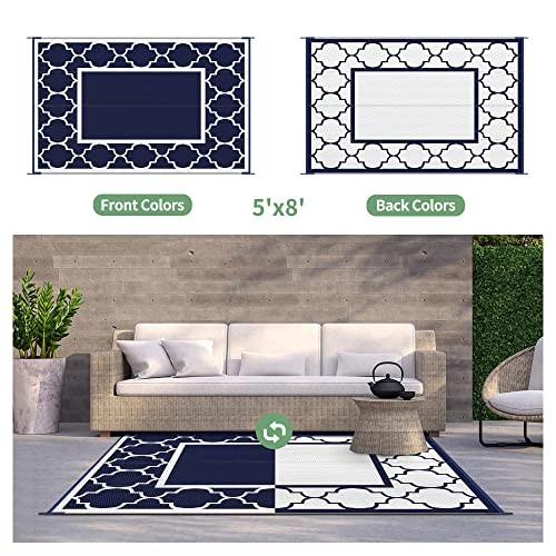 Genimo 5'X8' Outdoor Rug For Patio,Reversible Plastic Waterproof Rugs,Clearance Mat,Rv,Camping,Deck,Porch,Camper,Balcony,Blue & White #TOP1