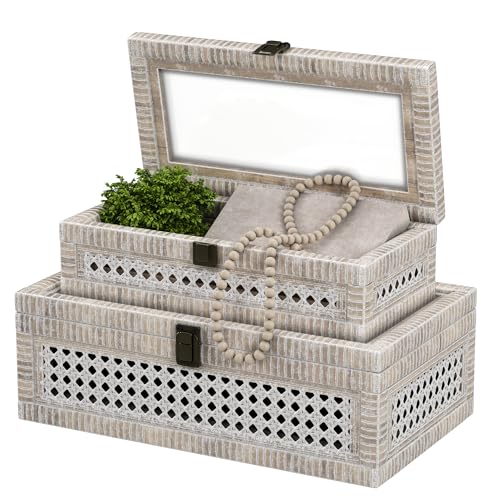 Fllamo Rattan Decorative Box,Boho Display Boxes with Lids,Set of 2 Rectangular Wicker Storage...