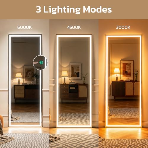Image of Full Length Mirror with Lights, 71 inch x 26 inch LED Floor Mirrors, Full Body Dressing Standing Mirrors with Dimming & 3 Color Lighting, Hanging Mounted Mirror for Living Room Bedroom Cloakroom