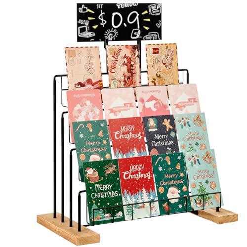 YIYYZI Greeting Card Display Stand 4-Tier Greeting Card Organizer for Cards Postcard Photos Brochure Sticker Trading Cards Metal & Wooden Retail Display Rack for Vendors Counter Retail (Black)