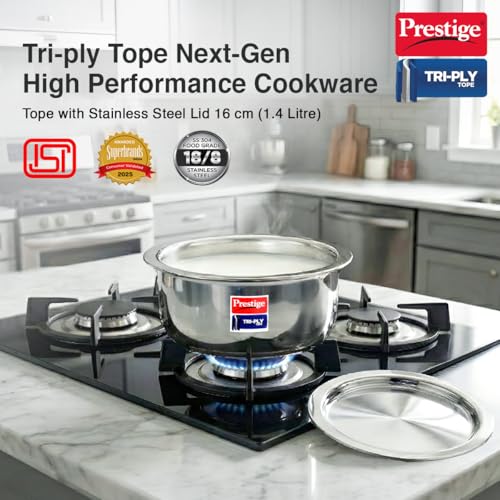 Image of Prestige 16cm /1.4L Tri-Ply Stainless Steel Tope with Lid|Gas and Induction Compatible| Even Heat Distribution|Strong and Durable| 5 Years Warranty