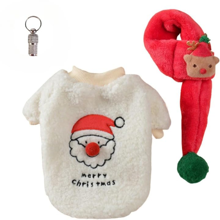 PETSARY Dog Christmas Sweater and Scarf with 1 Pcs Pet Id Tag Gift - Merry Christmas Holiday Cloth - Flannel Santa Nose & Elk Scarf - Small Dogs Costume Eve Pajamas Santa Designed Jumper Suit (Large)