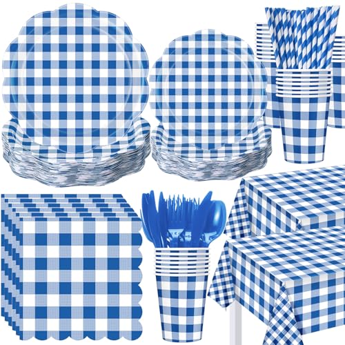 Image of Funnymoom 452 Pcs Blue Gingham Party Supplies for 50, Dark Blue and White Gingham Checkered Paper Plates Napkins Cups Tablecloth Cutlery Straws for Birthday Family Picnic Barbecue Party Decoration
