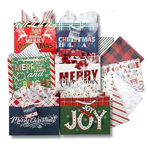 Iconikal Medium Gift Bags With Tissue Paper for Christmas 24-Pack Fun Bright Designs Merry Christmas, Joy, Holidays