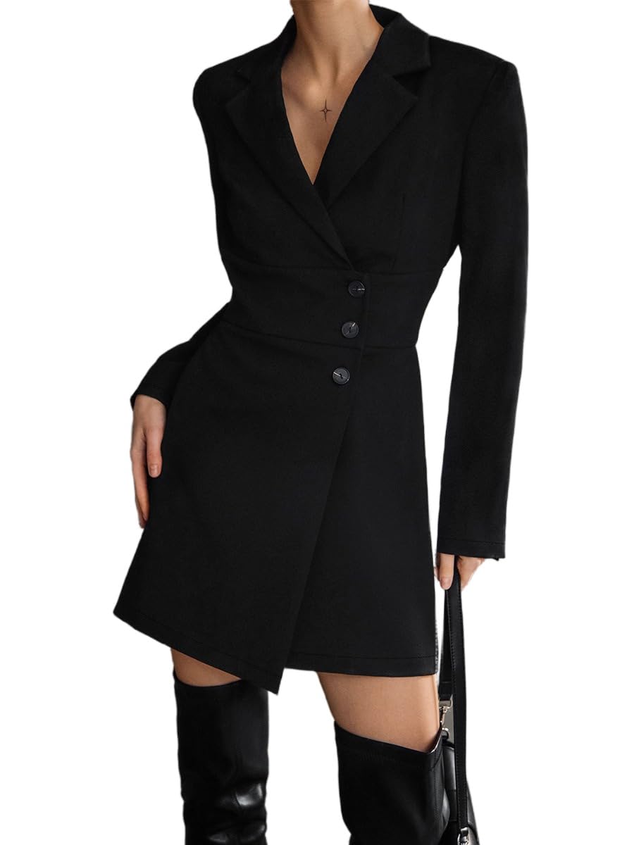 Apvirdy Womens Blazer Dress Wrap Lapel Collar Long Sleeve Asymmetrical Hem Mini Dress Teacher Office Work Jackets Outfits