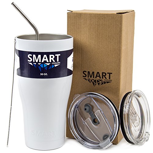Smart Cooler 30 Oz. Sweat Free Ultra-Tough Double Wall Stainless Steel Tumbler Cup with Leak-proof Heavy Duty Tumbler Lids (Slide Lid & Flip Lid), Straw, & Cleaning Brush - White