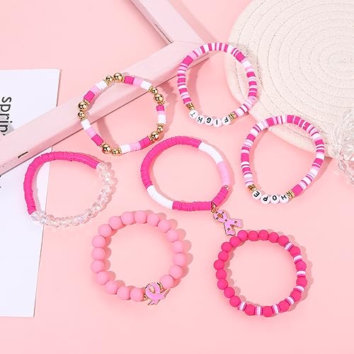 FAERLIIRY Pink Ribbon Bracelets Breast Cancer Survivor Gifts for Woman Glitter Beaded Bracelet HOPE FIGHT Pink Bracelets Breast Cancer Survivor Support Jewelry Gifts2
