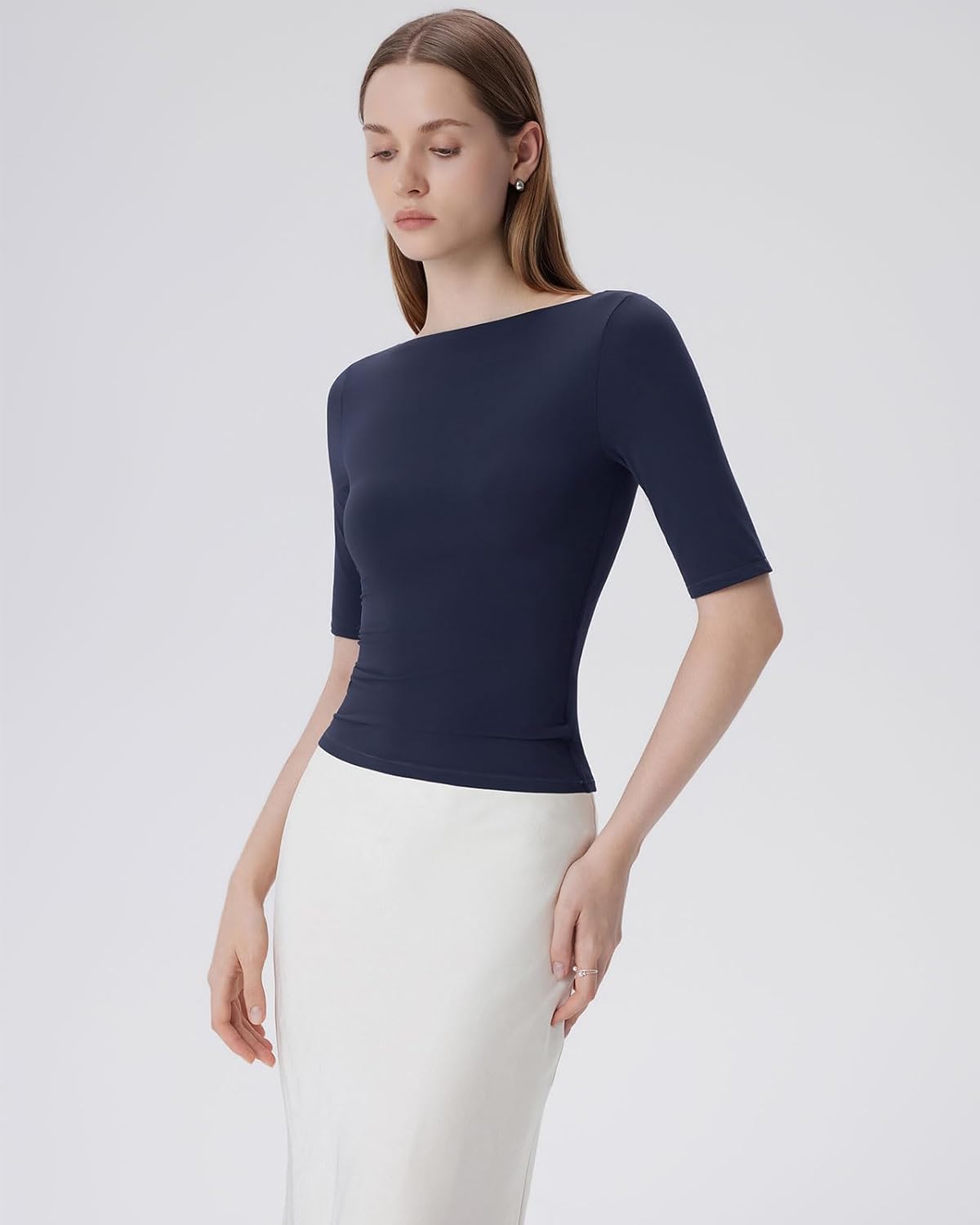 SUUKSESS Women Double Lined Half Sleeve Boat Neck Tops Tight Fitted Shirts - Image 2