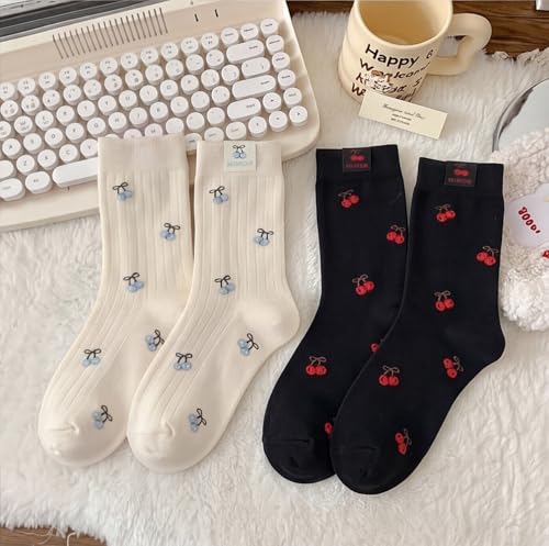 Image of Women's Cute Crew Socks, Casual Athletic Cotton Bowknot Cherry Calf Novelty Socks for Women