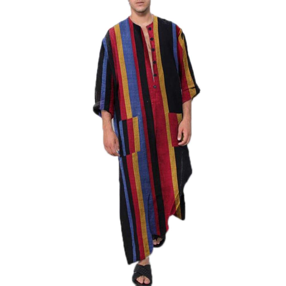 keephenMen's Retro Striped Robe Men's Dress Arab Robe Middle Eastern Muslim Robe