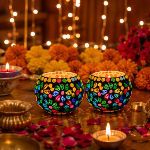 Image of Floryn Decor Morrocan Mosaic Candle Holders | Home Light Decorations Items | Mosaic Glass Tealight Holder | Best lamp for Diwali Decoration | Pack of 2 (with 2 Tealight Candle Free)