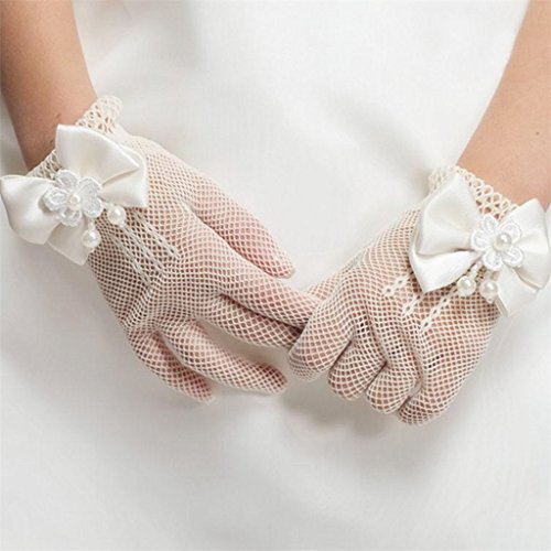 DreamHigh Wedding Flower Girls Mittens Pearl Bow Tie Fish Net Gloves- White2