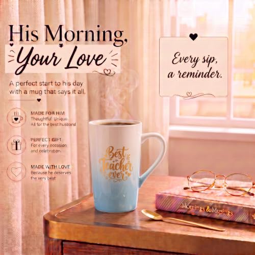 Image of ZAICUS Best Teacher Ever Coffee Mug with Lid & Spoon, Ceramic Gift Mug | Ideal Teacher Appreciation Gift | Ideal for Coffee, Tea & Daily Use | White & Blue Gradient Design