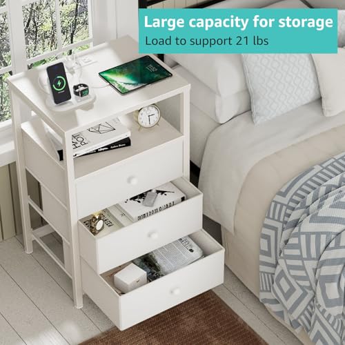 Image of BOLUO White Night Stand with 3 Fabric Drawers, Nightstand with Charging Station LED Nightstand for Bedroom, Bedside Table with USB Ports and Outlets Modern