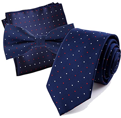 Flairs New York Polka Dots Collection Bow Tie & Pocket Square Matching Set (Prussian Blue/Red/White [Mini Polka Dots])