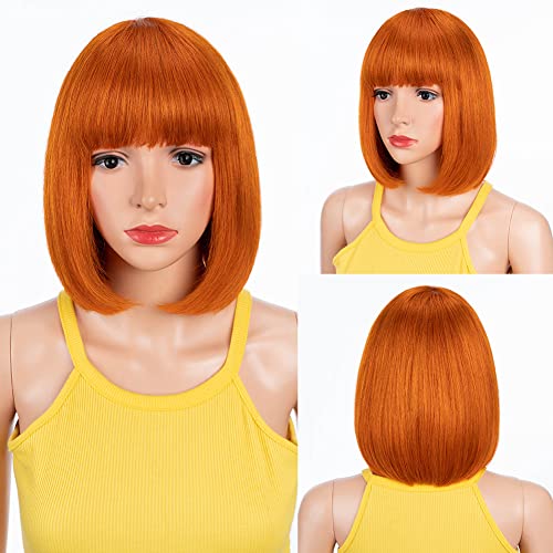 DÉBUT human hair Bob Wig with Bangs Short Straight Wigs for Women Pixie Cut 150% Density Brazilian Virgin Remy Hair(10 inches,S ORANGE)