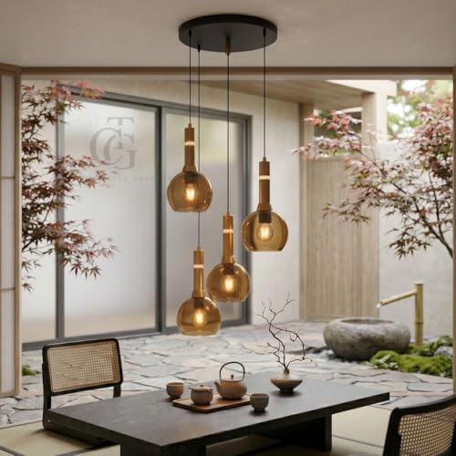 Image of Set of 4-Heads Bowl-Shaped Glass Hanging Pendant Light|Modern Bowl Cluster Ceiling Lamp with Metal Base|Amber-Glass for Living Room, Dining & Cafe