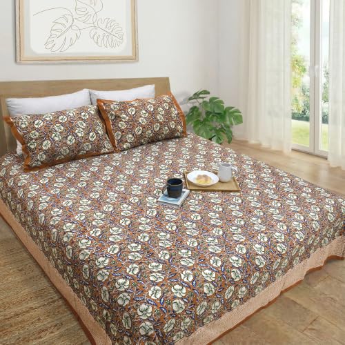 Image of TOAI Hand Block Printed Bedsheet | Bed Spread Flatsheet Bed Sheet | Pure Cotton | Queen Size 90 inchx108 inch | 210 TC Luxury Cotton | 2 Reversible Pillow Covers | Dabu Bagru | Rust Floral