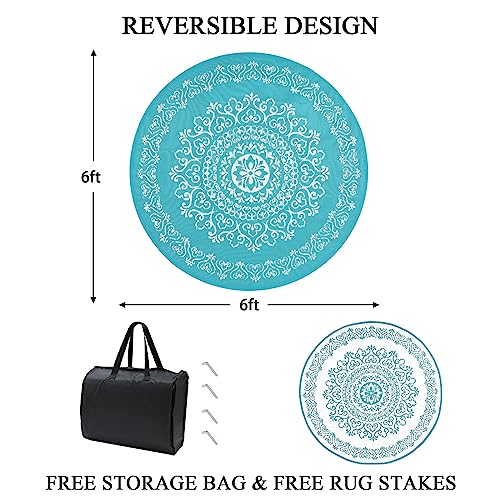 Pauwer Waterproof Outdoor Rug 6ft, Reversible Plastic Straw Patio Camping Rug, Indoor Outdoor RV Mat Carpet for Deck, Camper, Porch, Balcony, Backyard, Picnic, Floral Teal