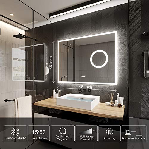 PetusHouse 48 X 36 Inch LED Lighted Smart Bathroom Mirror, Bluetooth Speaker and 5.5 Inch 3X Lighted Magnifier, Wall Mounted White Light Backlit Dimmable Anti-Fog Time Display CRI>90, Horizontally