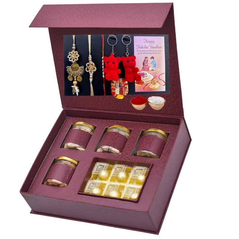 Image of NUTRI MIRACLE Rakhi Hamper for Family with Chocolates Dry Fruits Rakhi Card and Tilak Kit