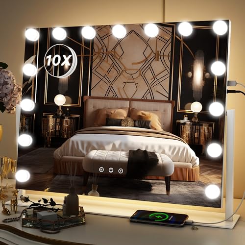 FENNIO Hollywood Vanity Mirror with Lights 25x19.7,Large Lighted Mirror Makeup Mirror with 15 Dimmable LED Bulbs,10X Magnification 3-Color Lighting USB Charging Port