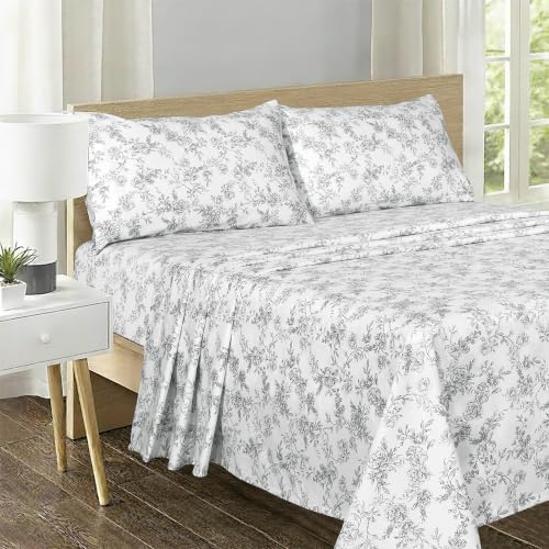 Image of Feather & Stitch Printed 500 TC Split King Size Sheet Set, 5 Piece Bed Sheets Set, 2 Twin Fitted Sheet, 1 King Flat Sheet & 2 King Pillowcases, 18 inch Deep Pockets Sateen Weave - Grey Floral Toile