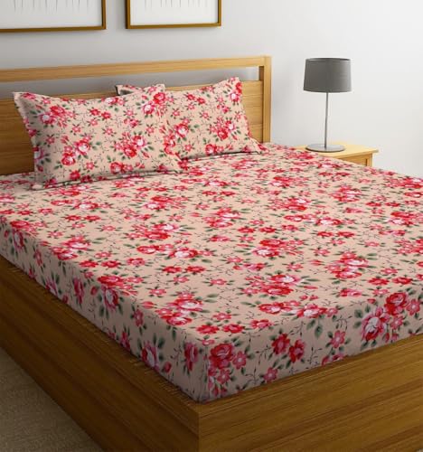 Image of la' amour Cotton 220 TC Flat Double Bed Bedsheets for Summer Breathable | Wrinklefree (Size- 228 x 230 Cm) with 2 Pillow Covers (Size-17 X 27 Inches, Floral, Multicolour Pink & White)