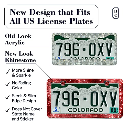 H C Hippo Creation RS-LPF-R Diamond Rhinestone Bling License Plate Frames For Women, Men - 2 Pack Handcrafted Bedazzled License Plate Cover With Glittery Crystal Screw Caps Stainless Steel - Sparkle Car License Plate Frame Red thumb #1