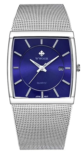 Gosasa Montre à Quartz analogique Classique en Acier Inoxydable Bracelet en Maille milanaise Cadran rectangulaire Ultra-Mince Brillant, Bleu, Business