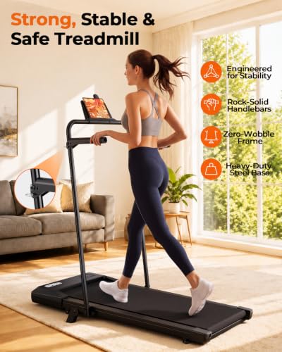 Image of Superun 3 in 1 Under Desk Treadmill with Handrails and Incline, Portable Folding Walking Pad for Home Office, 2.5 HP Quiet Mini Treadmill with LED Display & Remote, 300 Lbs Capacity, Dark Black