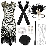 PLULON 1920er Jahre Pailletten Perlen Flapper Gatsby Kleid mit 20er Accessoires Set Roaring 20s Kostüme Stirnband Halskette Handschuhe für Frauen