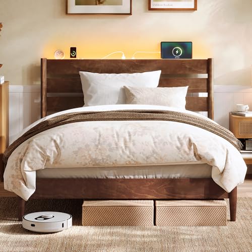 SONGMICS HOME Full Bed Frame with Solid Wood Legs Slats, Platform Bed with Headboard, LED Lights, Charging Station, Mid-Century Modern Style, No Box Spring Needed, Coffee Brown URMB412K02