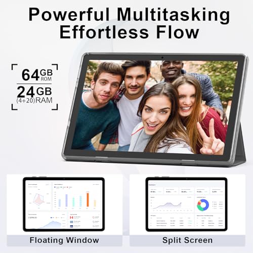Image of Android 16 Tablet, 10 Inch Tablet with Keyboard, Octa-Core, 24GB RAM 64GB ROM 2TB Expand, 2 in 1 Tablets with Gemini AI, 6000mAh, WiFi, Widevine L1, GMS, Tablets with Case, Mouse, Stylus (Black)