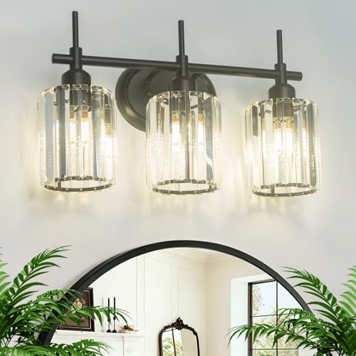 Image of Black Bathroom Vanity Light, 3-Light Bathroom Lighting Fixtures Over Mirror, Modern Crystal Wall Sconces with Crystal Clear Shades for Bedroom Living Room