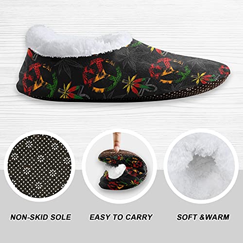 OTVEE Unisex Slipper Marijuana Weed Leaves With Peace Symbols Coral Fleece House Slipper Anti-Skid Indoor Socks House Shoes for Men and Women-XL2