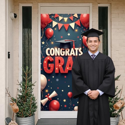 Graduation Door Banner Decorations Congrats Grad Door Cover Graduation Banner Backdrop Class of 2026 Party Decorations Supplies for Preschool High School College Grad 70.8 x 35.4 inches - Red - image 2