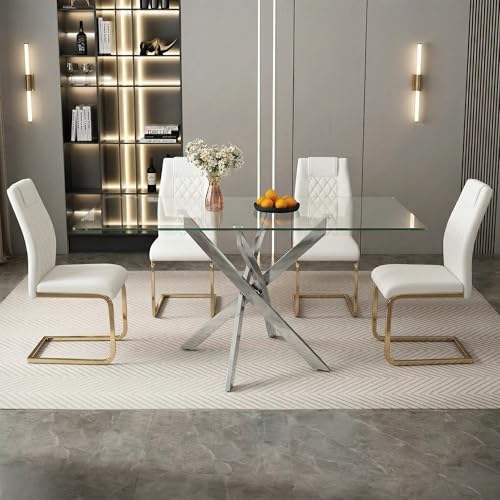 Image of 5 Piece Glass Dining Table Set for 4, Modern Tempered Glass Top Kitchen Table and Chairs Set, 4 Upholstered Chairs, Space-Saving Small Apartment Dining Set, Silver & Gold