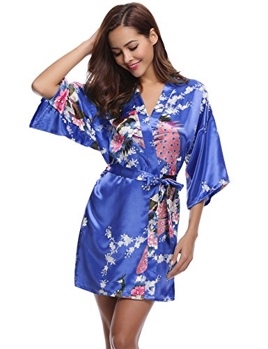 Aibrou Women's Kimono Robe Satin Peacock Bathrobe Short Silk Bridal Robe Diamond Blue