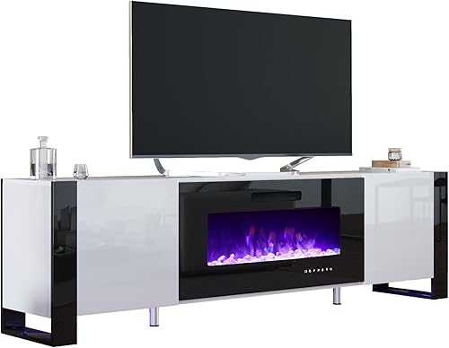 Miniatura 7 de AMERLIFE Soporte de TV con chimenea de 40 pulgadas, centro de entretenimiento moderno de 80 pulgadas con puertas de alto brillo y luces LED, patas